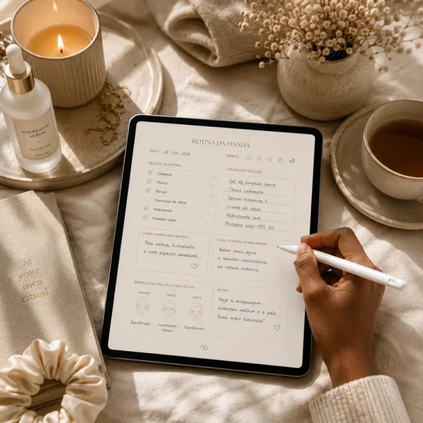 Mulher a preencher o Skin Care Journal Nutri Bu Alma no tablet durante a rotina de skincare