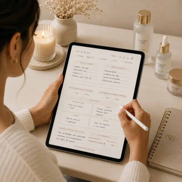 Página diária do Skin Care Journal Nutri Bu Alma preenchida no tablet com rotina, alimentação, água e ciclo menstrual